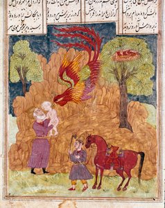Islamitische kunst: De fabelachtige vogel Simurgh draagt Zal, zoon van koning Siyam