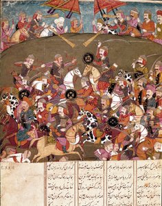 Islamitische kunst: gevechtsscène. Perzische miniatuur uit een manuscript van het epische gedicht 