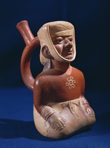 Vaas in de vorm van een knielende vrouw, Mochica, 200-800AD (keramiek) door School Peruvian