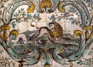 Hond die een leeuw bedreigt (detail) door School Portuguese