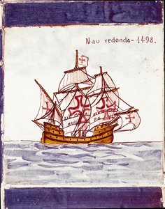 Voorstelling van een karveel (schip) van de Portugese vloot (tekening op keramiek) door School Portuguese