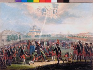 Catharina II begroet door het Izmaylovsky Lijfwachtregiment op de dag van de paleisrevolutie op 28 juni door School Russian