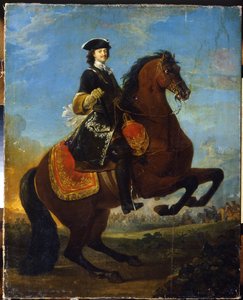Ruiterportret van Peter I met een slag van de Grote Noordelijke Oorlog op de achtergrond