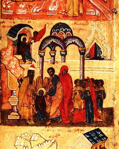 Icoon die de kindertijd van de Maagd en haar toewijding aan God toont, ca. 1550 (detail) door School Russian