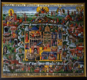 Jeruzalem. Weergave van de stad in het Heilige Land, met de plaatsen uit het leven van Jezus van Nazareth zoals beschreven in de Bijbel