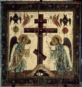 De aanbidding van het kruis. Twee engelen aanbidden het Russisch-orthodoxe kruis door School Russian