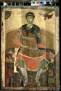 De christelijke martelaar Sint Demetrios van Thessaloniki op de troon door School Russian