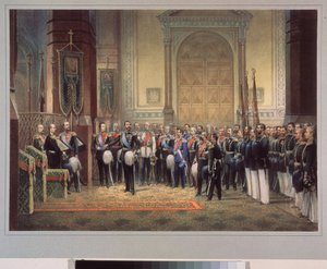 De eed van trouw van tsarevitsj Nicolaas Alexandrovitsj Romanov van Rusland (1843-1865) in de legerkerk door School Russian
