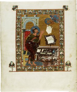 Het Ostromir-evangelie, werk gecreëerd door diaken Gregory (actief 1054-1057) voor zijn patroon Posadnik Ostromir van Novgorod, aquarel op perkament