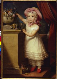 Portret van Ekaterina Dmitrievna Obreskova (1822-1874). Een klein meisje, elegant en verfijnd, reikt op haar tenen naar enkele bloemen in een boeket. Anoniem schilderij, olie op doek door School Russian