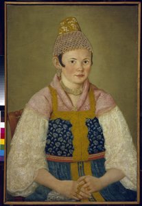 Portret van de vrouw van een koopman, gekleed in traditionele kokoshnik door School Russian