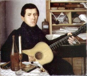 Portret van een jonge man met een gitaar, ca. 1830 door School Russian