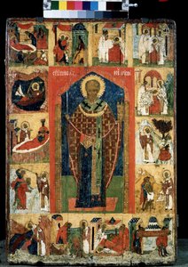 Altaarstuk van het leven van Sint Nicolaas van Myra of Bari door School Russian