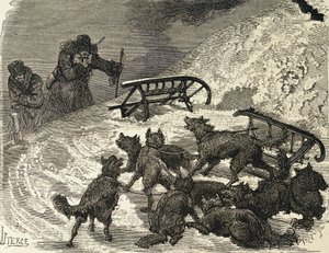 Siberië. Omgevallen slee, Russische kunstenaar (gravure) door School Russian