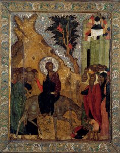 De intocht van Christus in Jeruzalem. Russische icoon uit 1560 door School Russian