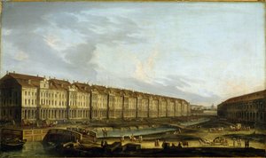 Zicht op het gebouw van de twaalf colleges in Sint-Petersburg. Beschrijving van de koer van de kooplieden aan de Neva, verkeer en transport van goederen en koetsen. Anoniem schilderij, olie op doek door School Russian