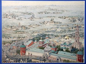 Uitzicht op het klooster van de Drie-eenheid van Sint-Sergius in Sergiyev Posad met de Paasprocessie vanuit Moskou
