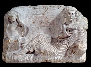 Begrafenisreliëf in kalksteen van Taime en zijn vrouw. uit Palmyra. 200 AD. Parijs, Louvre Museum door School Syrian