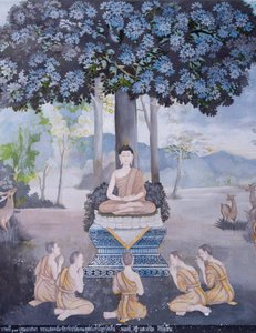 Fresco die een scène uit het leven van Boeddha afbeeldt, Wat Phra That Doi Suthep-tempel