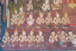 Muurschilderingen in de Buddhaisawan-kapel die de vieringen van het koninklijk huwelijk van de ouders van de Bodhisattva, koning Suddhodana van de Sakya-clan en prinses Mahamaya, uitbeelden door School Thai