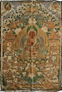 Amitabha (boeddha van het zuivere land) - Tibetaanse schildering, pigmenten en goud op textiel, eind 19e eeuw door School Tibetan