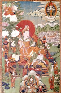 Koning van Tibet Sung-Tsen-Gampo uit de 7e eeuw. Tibetaanse thangka, Musée Guimet, Parijs