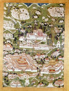 Voorstelling van de stad Lhasa, Tibetaans Thai-Ka, Guimet Museum, Parijs door School Tibetan