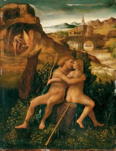 Venus en Mars in een rivierlandschap met Vulcan aan het werk in zijn smederij, c.1500