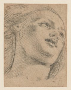 Studie van vrouwelijk hoofd kijkend naar rechts (recto); Studie van twee figuren die een object ondersteunen (verso)