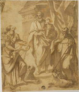 Sint Jozef en Christus Kind, met de heiligen Marcus en Antonius door School of Guido Reni