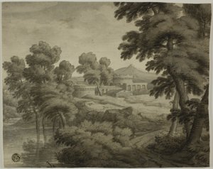 Italianiserend landschap met kasteel, bomen en water op de voorgrond door School of Nicolas Poussin