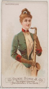 Saxofoon, uit de serie Muziekinstrumenten N82 voor Duke sigaretten, 1888 door Schumacher and Ettlinger