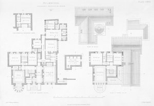 Exterieur en interieur van Holmwood, Glasgow (gravure)