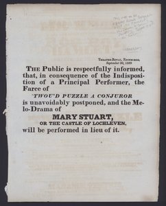 Kennisgeving van een wijziging in de aangekondigde voorstelling in het Theatre Royal, Edinburgh, 30 september 1829 door Scottish School