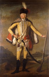 Portret van John Lindsay, 20e Graaf van Crawford en Lindsay, in Hussarenuniform, met een Vuursteenmusket, een Landschap op de Achtergrond, c.1745