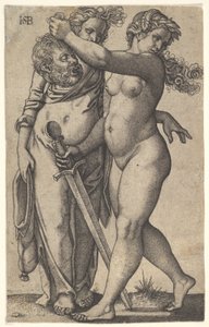 Judith loopt naar links met het hoofd van Holofernes in haar rechterhand en een zwaard, ca. 1530-50 door Sebald Beham
