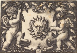 Masker vastgehouden door twee genii door Sebald Beham