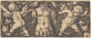 Ornament met wapenrusting en twee genii door Sebald Beham