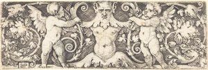 Ornament met mannelijke halve figuur tussen twee genii door Sebald Beham