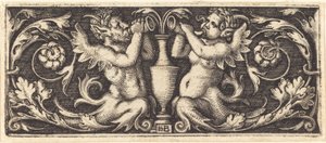 Ornament met twee Tritons die hoorns blazen door Sebald Beham
