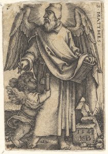 Plaat 1: Sint Mattheüs met zijn hoofd in profiel naar links gedraaid, een cherub linksonder, 1541 door Sebald Beham