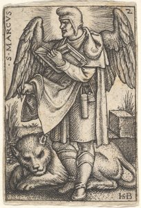Plaat 2: Sint Marcus, zijn hoofd in profiel naar links gedraaid, met een open boek in zijn rechterhand door Sebald Beham