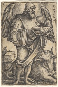 Sint Lucas met zijn hoofd in profiel naar rechts gedraaid, een boek in elke hand door Sebald Beham