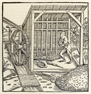 Mijnbouw met waterrad, uit de editie van 1550 van 