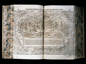 Venetië, illustratie uit Cosmographia, door Sebastian Munster, houtsnede, H. Petri druk, Basel