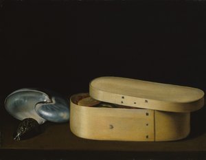 Stilleven met schelpen en een houten doos, late jaren 1620