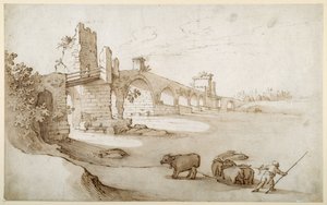 Een veedrijver die een team ossen aanspoort om de Tiber over te zwemmen bij de Ponte Milvio Crossing door Sebastian Vrancx