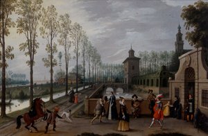 Een elegant gezelschap dat buiten een paleis wandelt