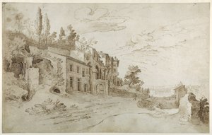 Huizen tussen de ruïnes met een verre blik op Rome