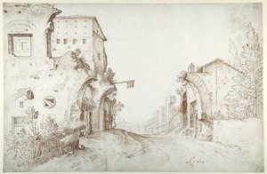 Herberg langs de weg tussen de ruïnes van een aquaduct door Sebastian Vrancx